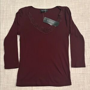 Ralph Lauren Women's Long Sleeve Lace Trim Tee in Burgundy
